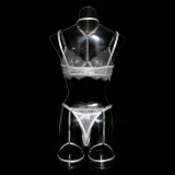 Women Hollow Out Eyelash Lace Halter Neck Lingerie Set with Detachable Leg Loops