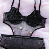 Daisy Embroidery Black Mesh Push-Up Slim Women's Teddy Lingerie