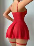 Sexy Lingerie Red Lace Mesh Lace-up Cami Night Dress