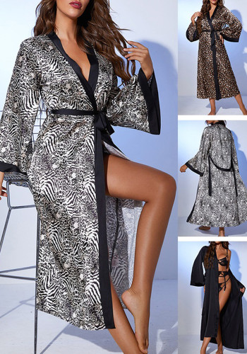 Sexy Loose Long Solid Satin Tie Waist Robe Sexy Leopard Printed Bathrobe