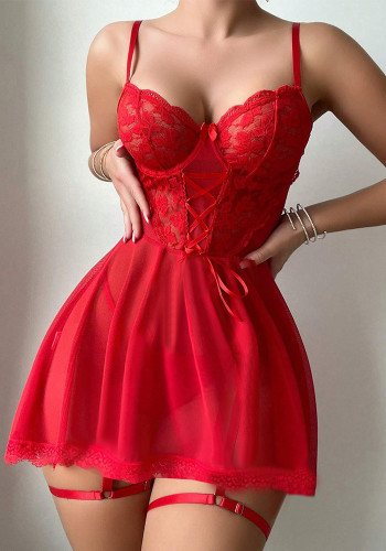 Sexy Lingerie Red Lace Mesh Lace-up Cami Night Dress