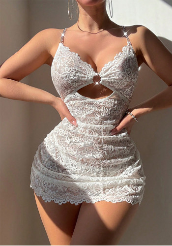 Sexy Lace See-Through Night Dress Hollow Metal Chain Strap Bodycon Lingerie