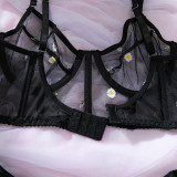 Fashion Black Daisy Embroidered Sexy See-Through Push-Up Lingerie Set