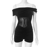 Black Mesh Patchwork Off Shoulder Slim Rompers