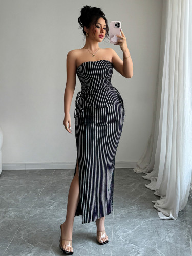 Sexy Striped Strapless Tie Waist Slit Long Dress