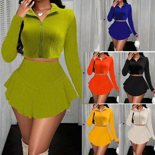 Solid Two Pieces Zipper Long Sleeve Crop Top and Ruffle Skirt Set