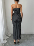 Sexy Striped Strapless Tie Waist Slit Long Dress