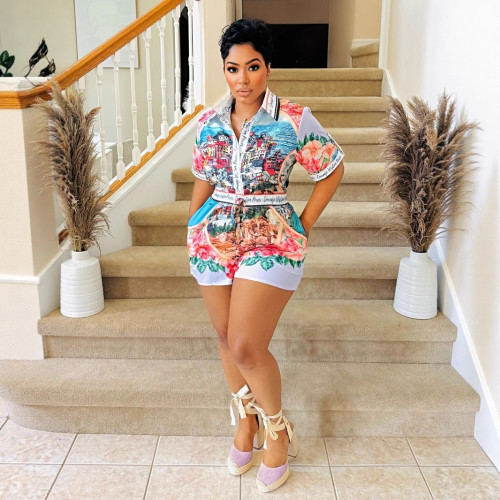Printed Holiday Loose Casual Two Piece Set Short Sleeve Shirt and Shorts