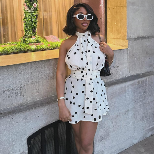 White Dotted Halter Backless High Waist Short Dress