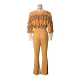 Patchwork Cropped Top and Flare Pants Two Piece Set