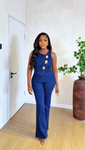 Denim Fashion Two Piece Set Sleeveless Button Top and Wide Leg Pants