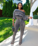 Slash Shoulder Ruched Crop Top  and Pants Two Piece Set