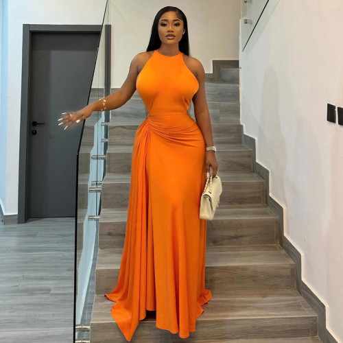 Women Solid Round Neck Sleeveless Maxi Dress