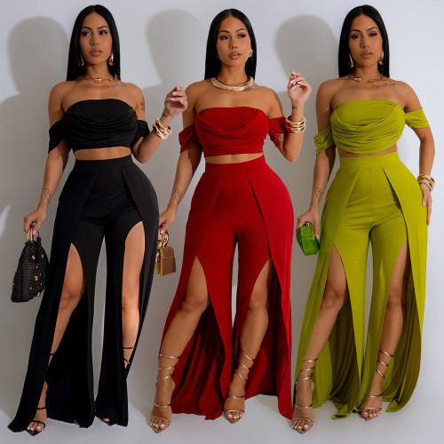 Solid Slit Pants and Ruched Off Shoulder Short Sleeve Crop Top Two Piece Set