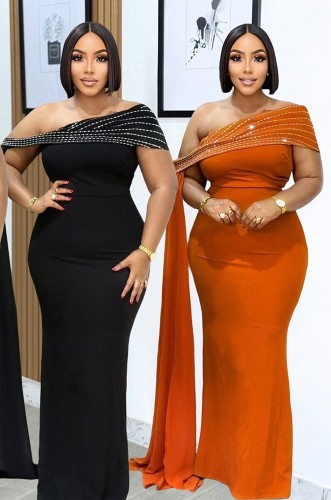 Women Slash Shoulder Rhinestone Maxi Evening Dress