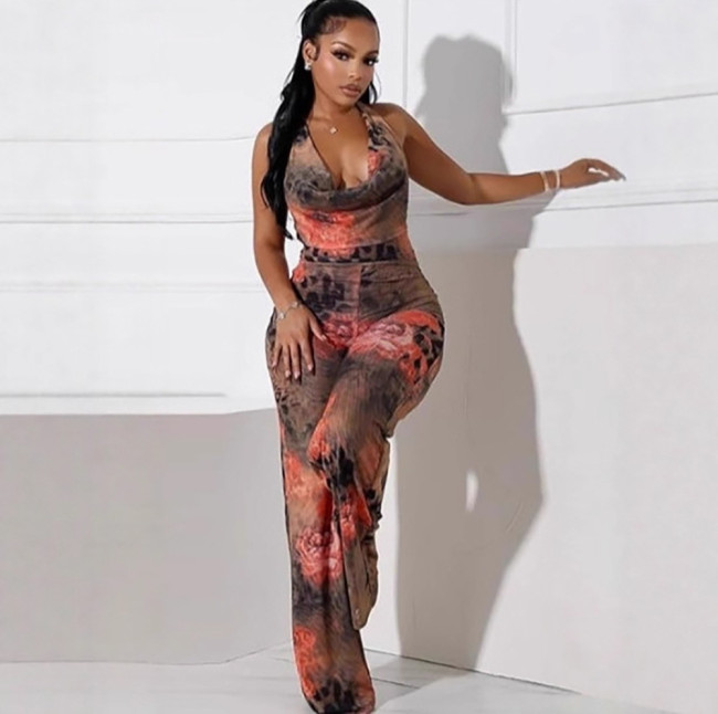 Sexy Leopard Floral Halter Backless Jumpsuit