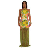 Floral Printed Halter Low Back Sleeveless Tassel Dress