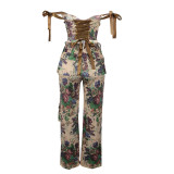 Sexy Print Lace-up Top and Pocket Pants Fashion Two Piece Set