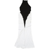 Colorblock Halter Backless Sleeveless Ruched Maxi Dress