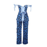 Sexy Print Lace-up Top and Pocket Pants Fashion Two Piece Set