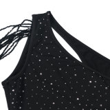 Sexy Rhinestone One Shoulder Cut Out Tassel Bodycon Dress