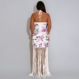 Floral Printed Halter Low Back Sleeveless Tassel Dress