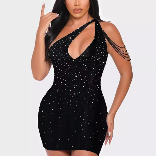Sexy Rhinestone One Shoulder Cut Out Tassel Bodycon Dress