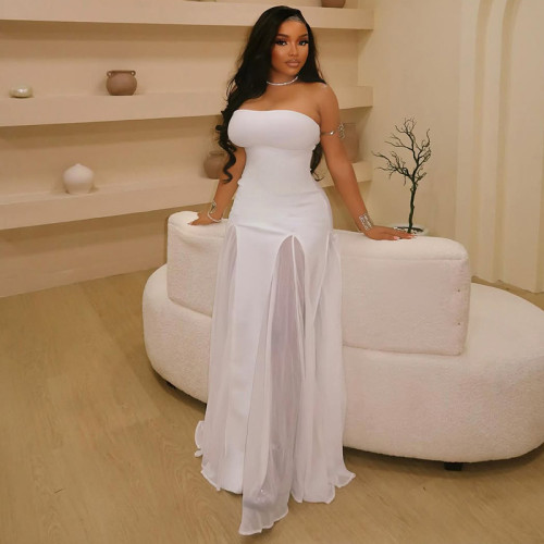 Sexy Strapless Mesh Patchwork White Maxi Dress