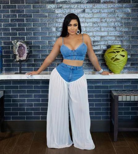 Sexy Denim Patchwork Two Pieces V-Neck Cami Crop Top and Pleated Chiffon Wide Leg Pants