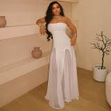 Sexy Strapless Mesh Patchwork White Maxi Dress