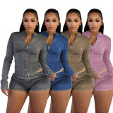 Denim Shorts Set Long Sleeve Stretchy Belted Two Piece Set