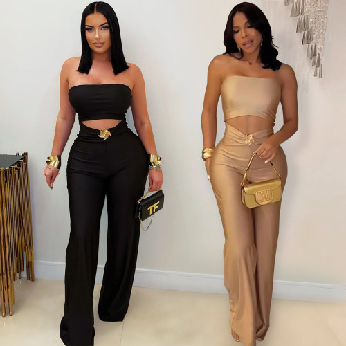 Sexy Cut Out Strapless Solid Wide Leg Jumpsuit