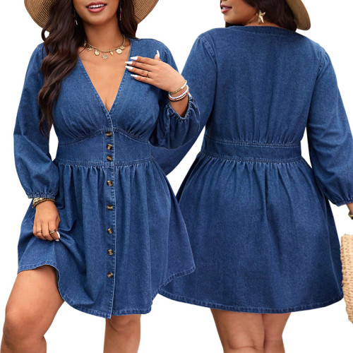 Women Denim V-Neck Long Sleeve Slim Waist Casual Dress