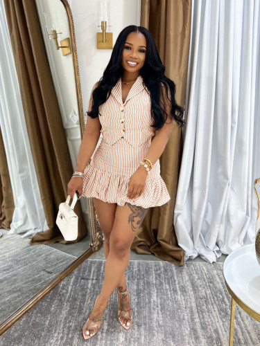 Striped Two Piece Skirt Set Sleeveless Blazer and Bubble Skirt Set