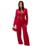 Fashion Blazer and Wide Leg Pants Two Piece Suit