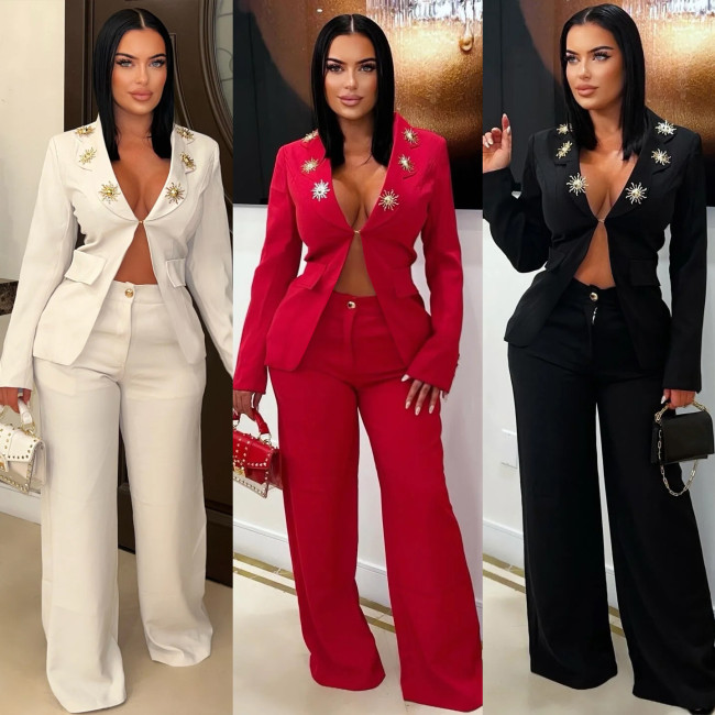 Fashion Blazer and Wide Leg Pants Two Piece Suit