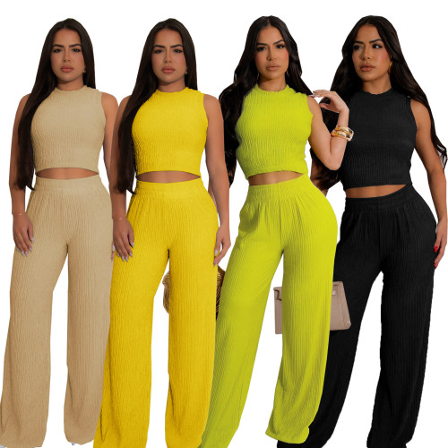 Casual High Stretch Ribbed Tank Top Wide Leg Pants Two Piece Set