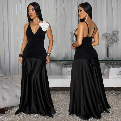 3D Flower Strap V-Neck Maxi Dress