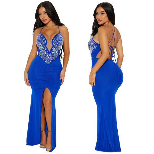 Beaded Straps Ruched Front Slit Maxi Evening Dress