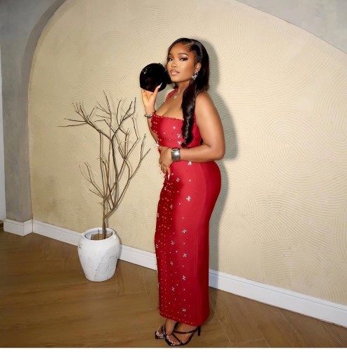 Beaded Rhinestone Halter Bodycon Maxi Evening Dress