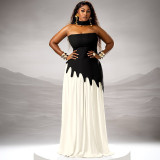Black Strapless Irregular Top and White Maxi Skirt Two Piece Set with Scarf