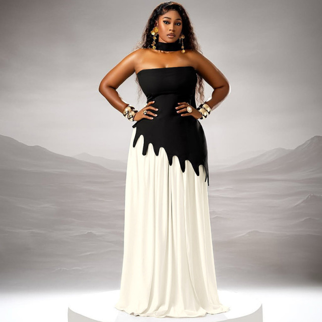 Black Strapless Irregular Top and White Maxi Skirt Two Piece Set with Scarf