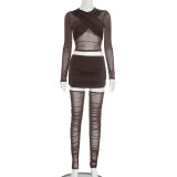 Sexy Three Piece Set  Long Sleeve Mesh Top and Mini Skirt with Stocking Set
