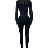 Fashionable Women Washed Zipper Hooded Fleece Jacket and Yoga Pants Sports Casual Two-piece Set