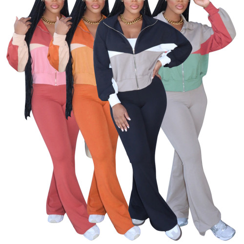 Colorblock Zipper Long Sleeve Jacket and Pants Warm Tracksuit Two Piece Jogger Set