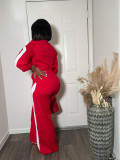Trendy Contrast Color Elastic Waist Zipper Long Sleeve Jumpsuit