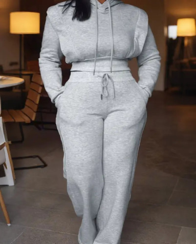 Fashionable Short Hoodies and Wide Leg Pants Two Piece Set