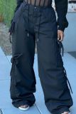 Black Bow Drawstring Loose Mid Waist Cargo Pants