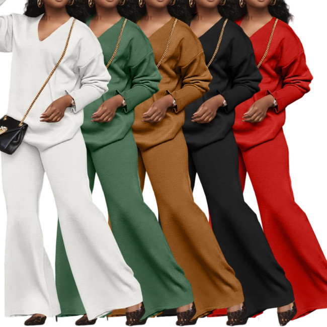 Solid V-Neck Long Sleeve Synthetic Suede Two Piece Pants Set