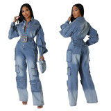 Denim Washed Jumpsuit(without belt) Long Sleeve Pockets Wide Leg Cargo Jumpsuit